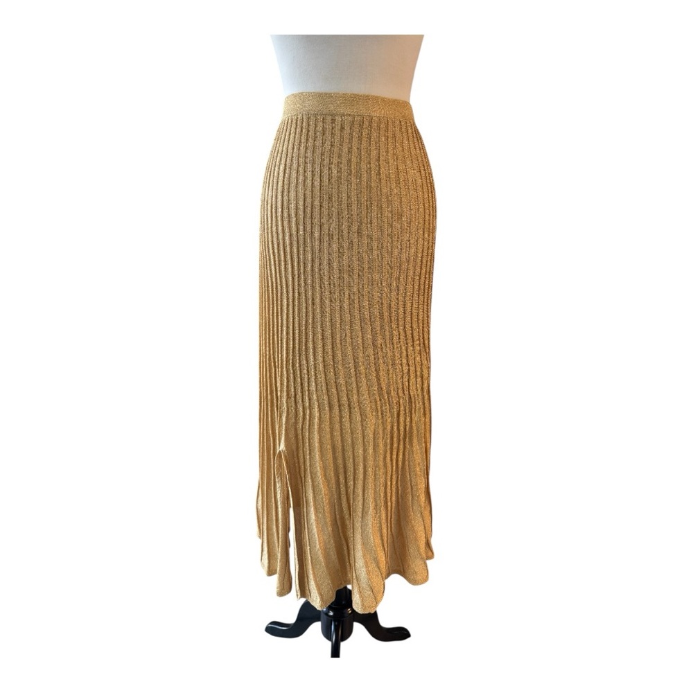 Sandro Paris Metallic Gold Pleated Midi Skirt‎ Size 4 FR36 Shimmer Party Holiday